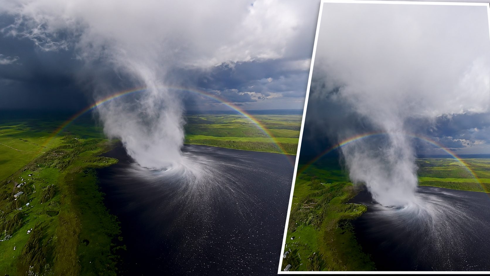 Tornadă, surprinsă în Canada pe fundalul unui curcubeu dublu