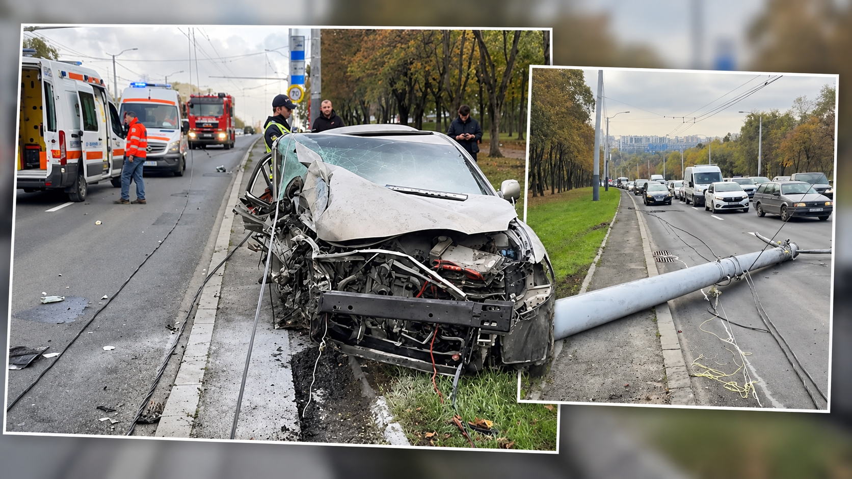 Accident grav la Ciocana: o Toyota a lovit un pilon electric și alte două mașini. Circulația troleibuzelor, modificată
